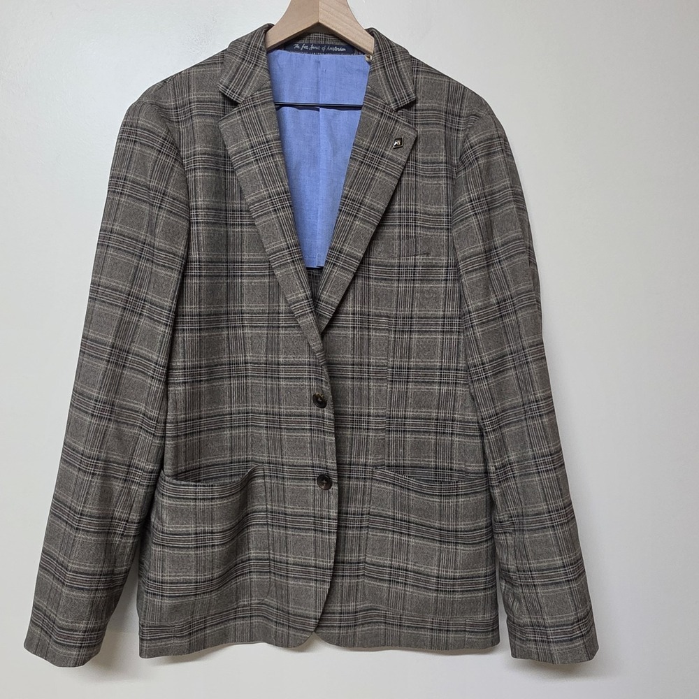Scotch & Soda Amsterdam Unstructured Brown Plaid Blazer Sport Coat Stretch Men L
